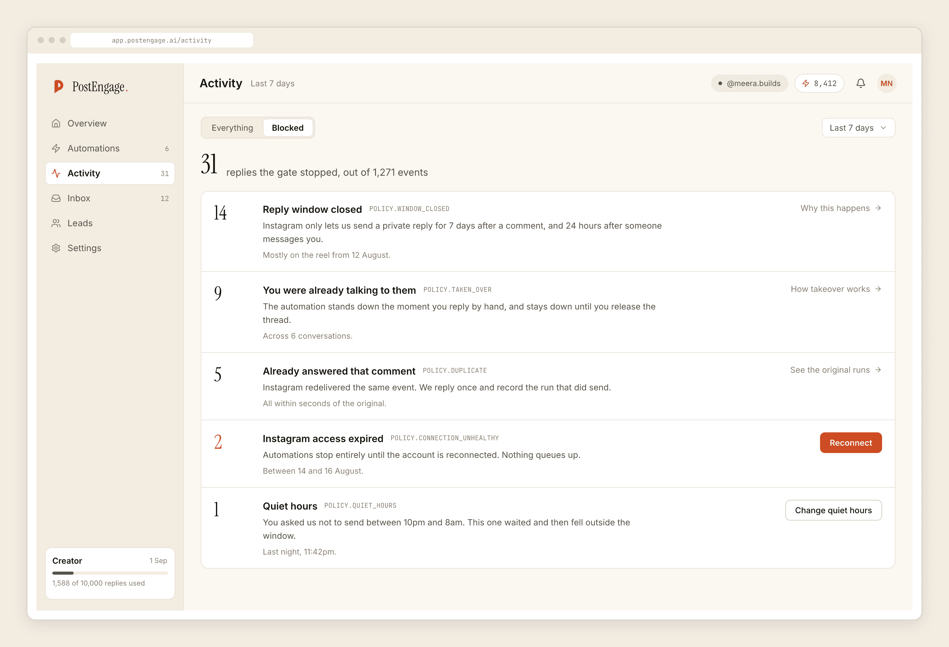 The activity screen filtered to blocked replies, each row naming the check that stopped it and offering the fix.