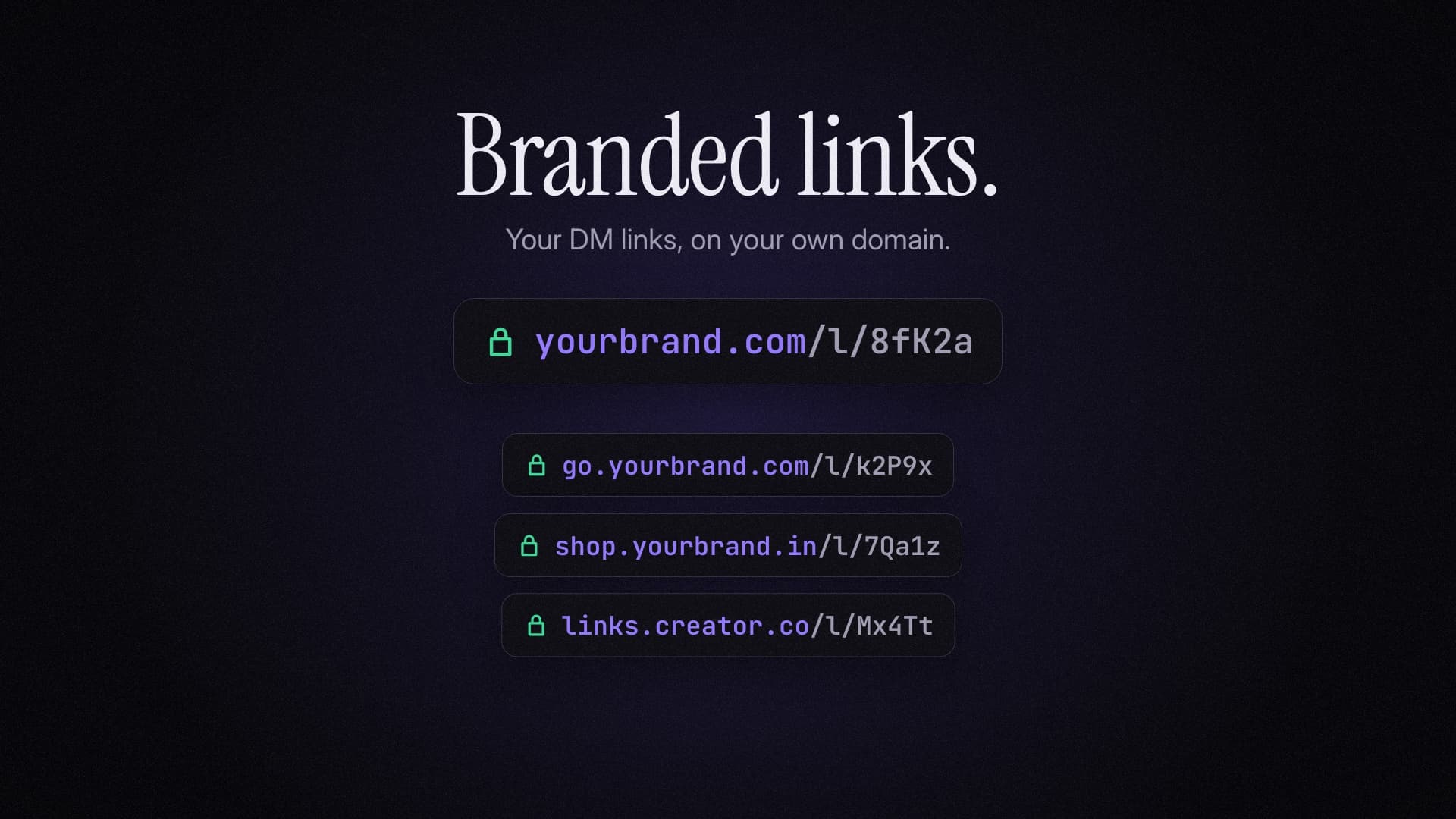 The same link now reading yourbrand.com/l/8fK2a with a green lock, and three more links on other custom domains.