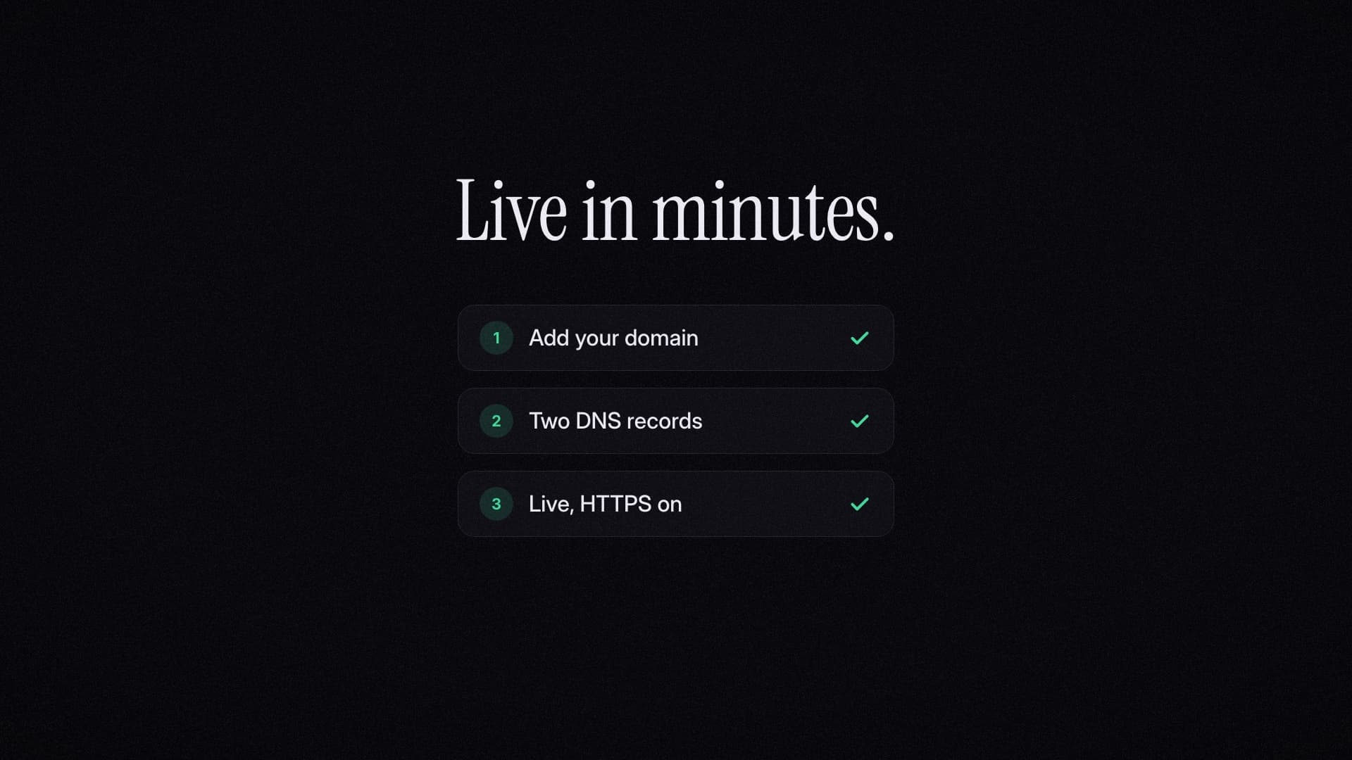 Three setup steps with green ticks: add your domain, two DNS records, live with HTTPS on.