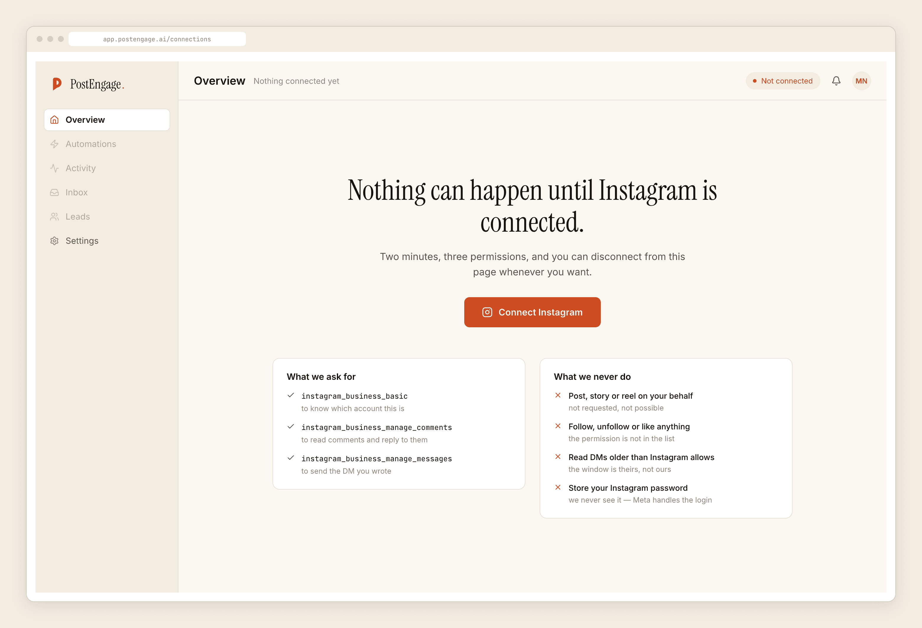 The connections screen showing an Instagram professional account being linked through Meta's official login.