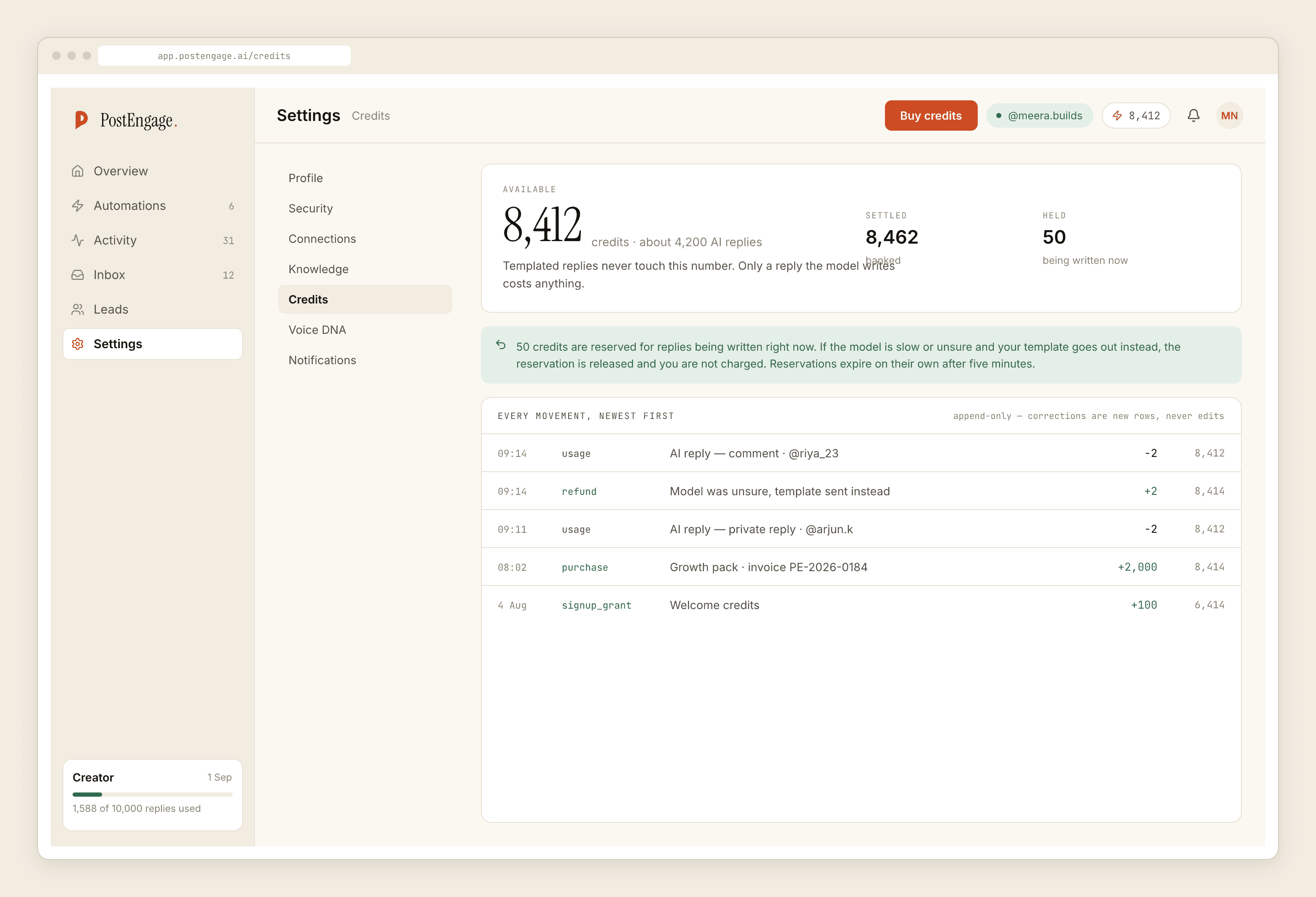 The credits screen showing the current balance and what each generated reply consumed.