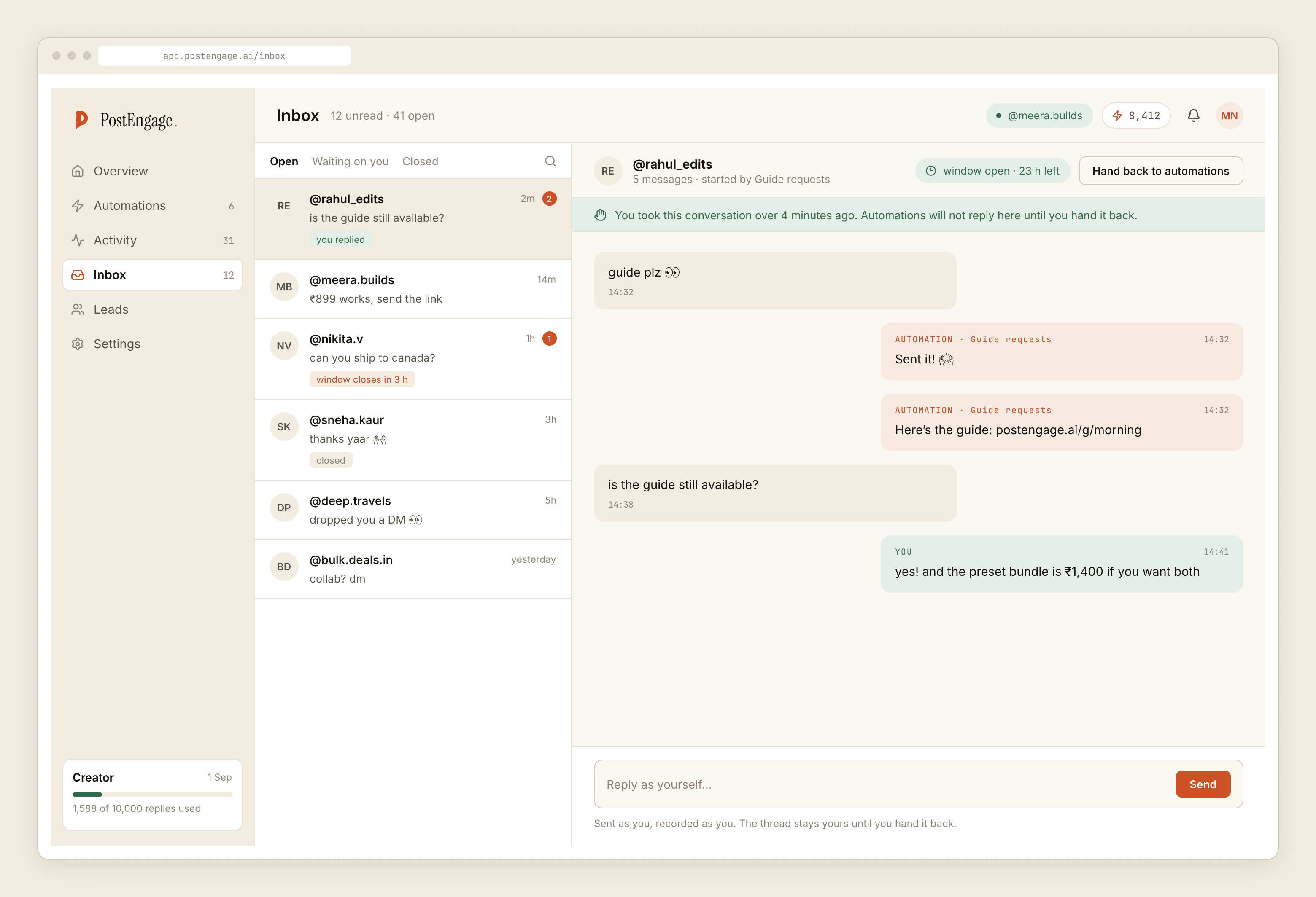 The inbox, with conversations grouped by whether a template, a generated reply, or a person should answer.