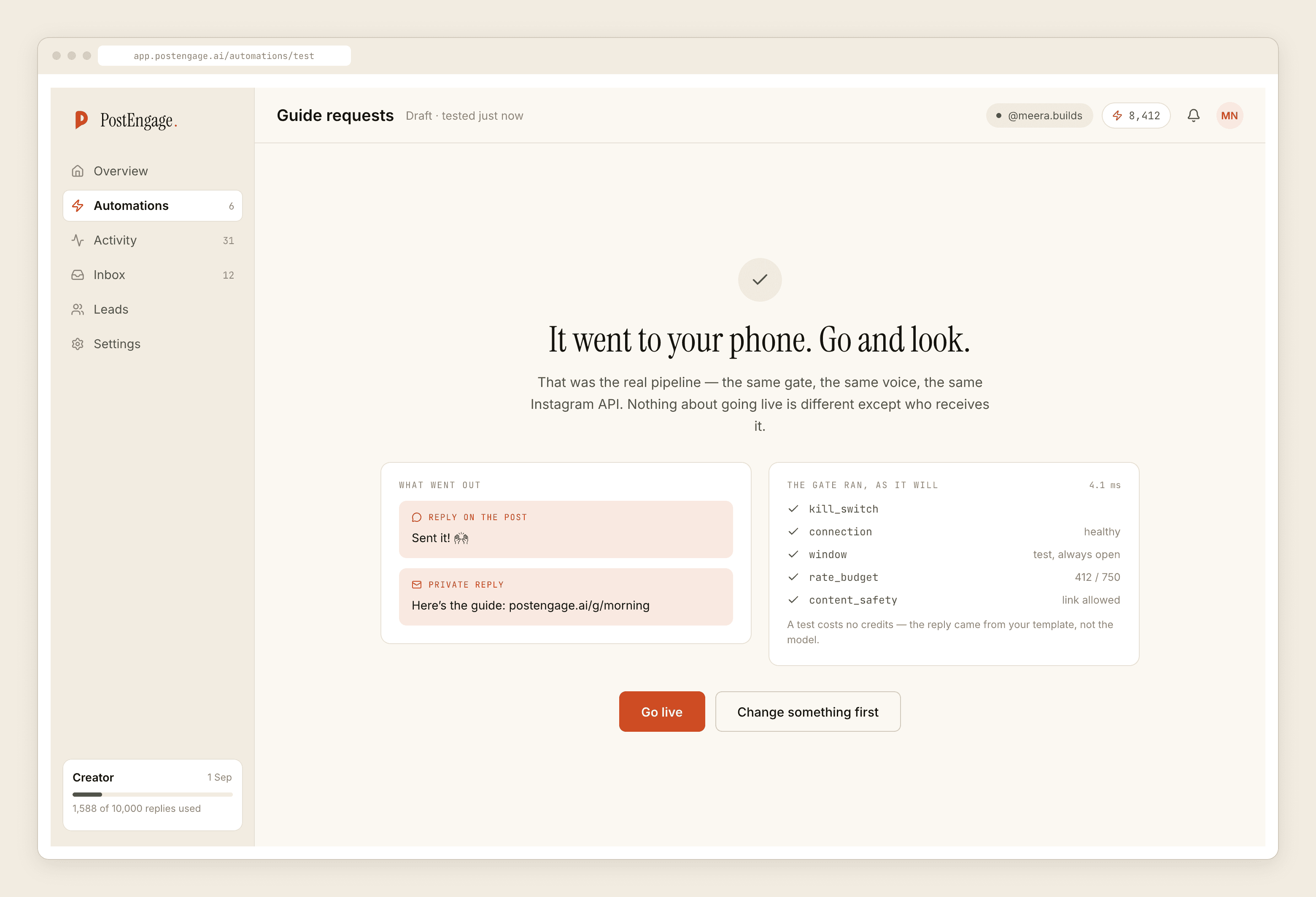 A test result showing the matched keyword, the public reply that would post, and the private reply that would be sent.