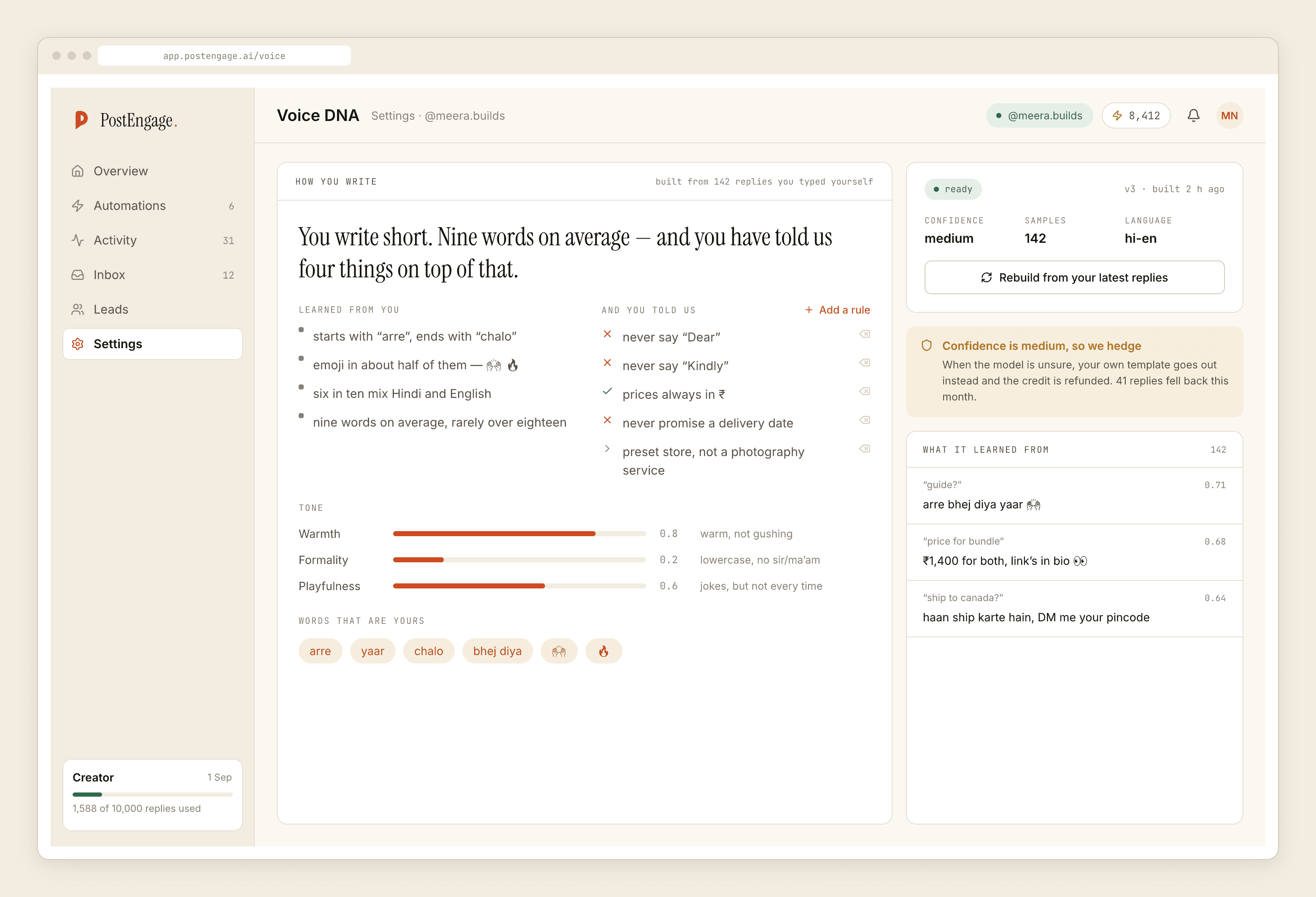 The Voice DNA screen, built from replies the account owner wrote themselves.