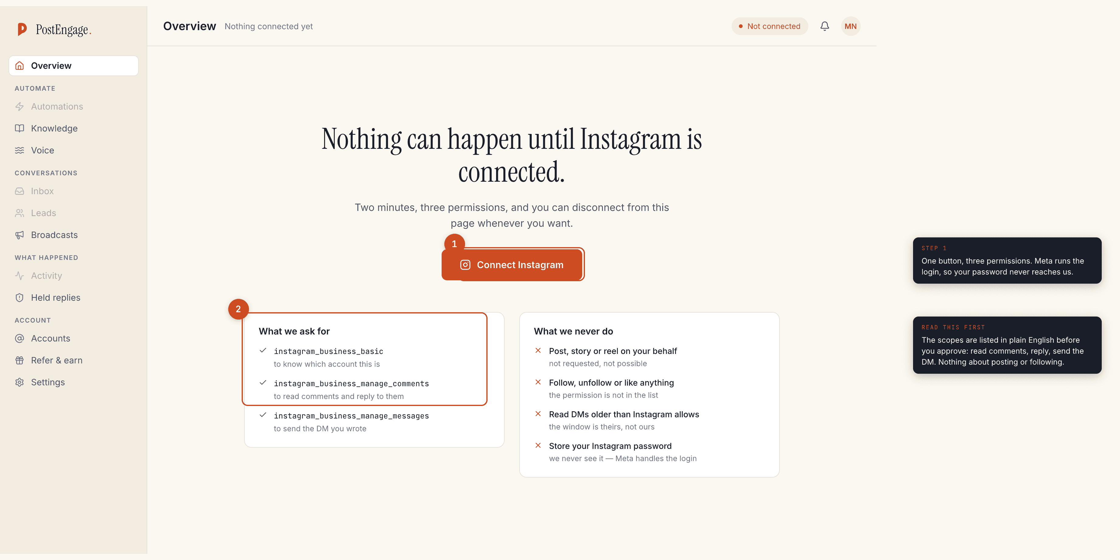 The PostEngage connect screen with the Connect Instagram button and the permission list annotated